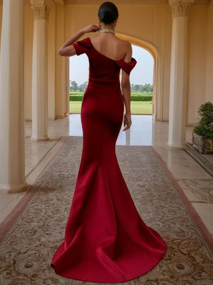Trumpet One Shoulder Burgundy Satin Long Prom Dress