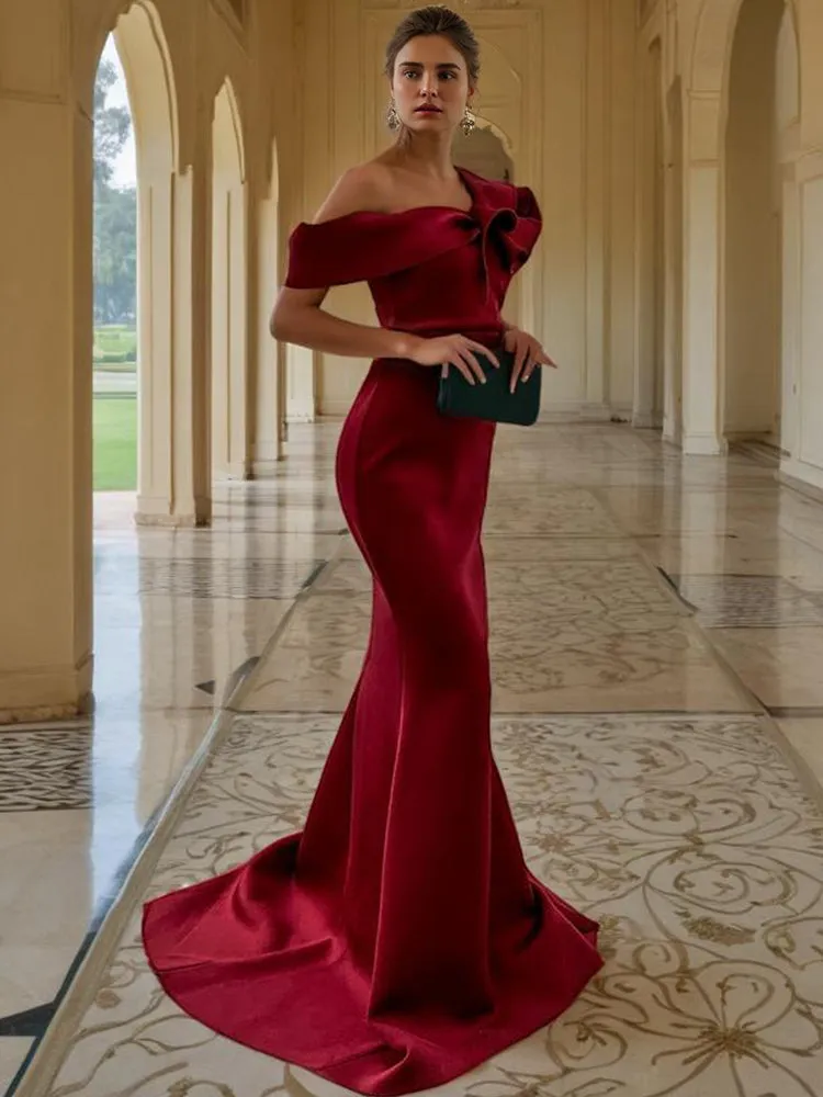 Trumpet One Shoulder Burgundy Satin Long Prom Dress