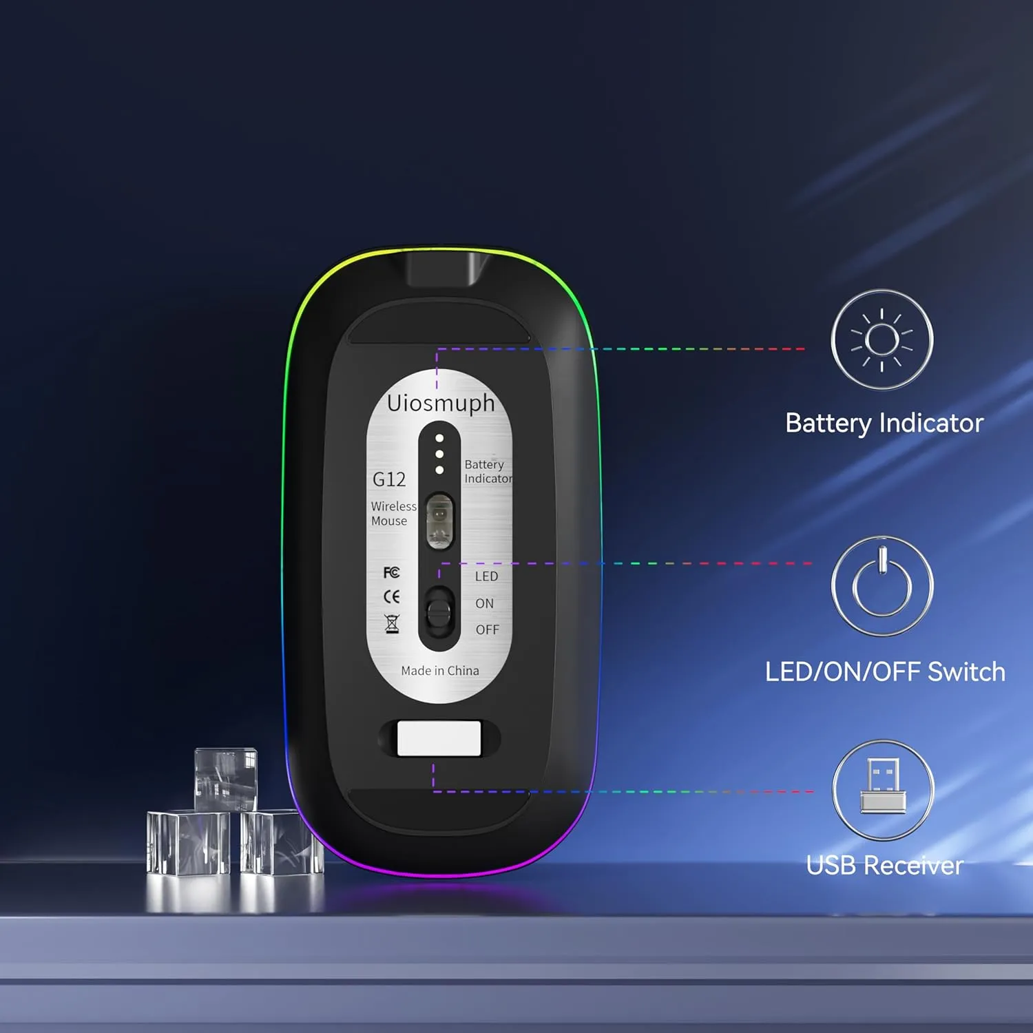 Uiosmuph LED Wireless Mouse, G12 Slim Rechargeable Silent Mouse, 2.4G Portable USB Optical Computer Mice with USB Receiver and Type C Adapter (Matte Black)