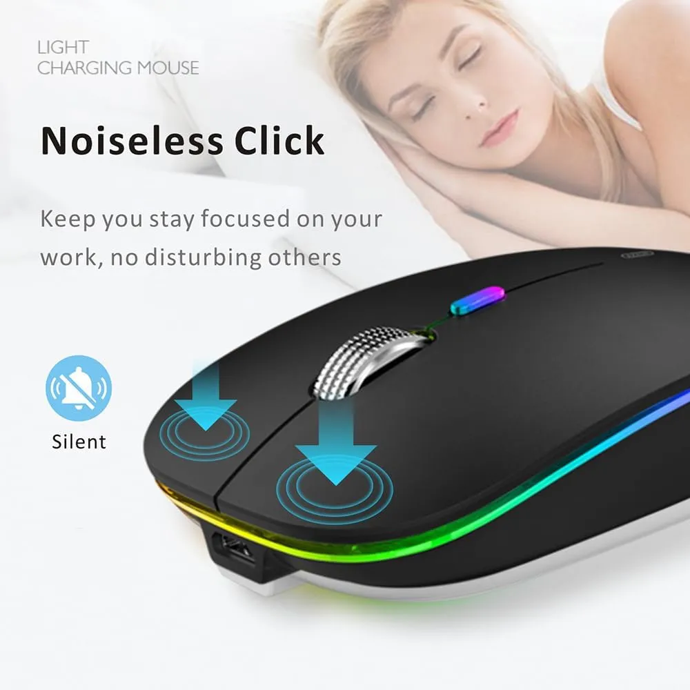 Uiosmuph LED Wireless Mouse, G12 Slim Rechargeable Silent Mouse, 2.4G Portable USB Optical Computer Mice with USB Receiver and Type C Adapter (Matte Black)