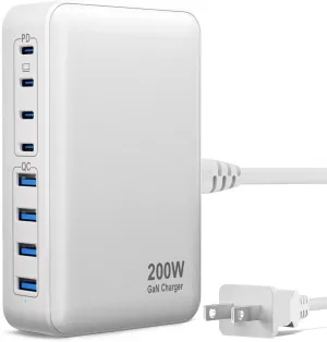 USB C Charger, 200W 8-Port USB C Charging Station Hub, GaN Fast Charger, Compatible with MacBook Pro/Air/Google Pixel/iPhone 15/14/13/Galaxy S24/S23/S22/Smartphones/Laptops/Tablets