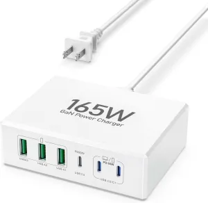 USB C Charger Block,165W GaN 6 Port PD3.0 and QC Wall Charger Power Adapter Plug Cube, Compact Fast Desk Charging Station Hub for iPhone 16 15 14 13 Pro Max PD 65W Laptop Charger for MacBook Air Pro