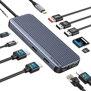 USB C Docking Station 3 HDMI, 12 in 1 Docking Station Triple Display, DockingStation Dual Monitor, Laptop Docking Station 3 HDMI with 10 Gbps, Ethernet, USB A/C 3.1, USB 2.0, 100W PD, Audio & Mic, SD