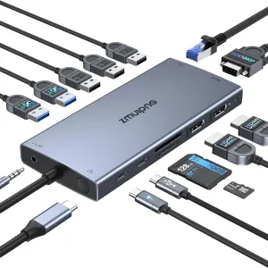 USB C Docking Station Dual Monitor 15 in 1 Laptop Docking Station Triple Display for Dell HP Lenovo Thinkpad Surface, USB C Hub Multiple Adapter Dongle with 4K HDMI VGA USB Port Button PD Ethernet