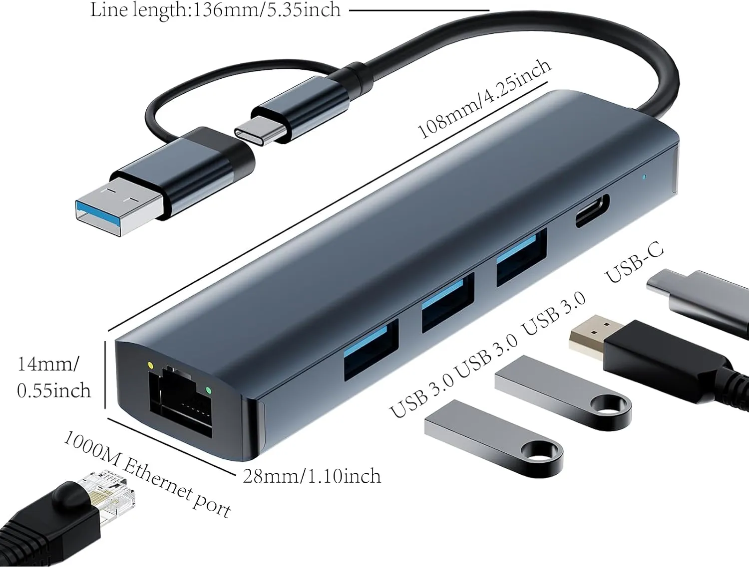 USB C Hub with 3 x USB 3.0, USB C and 1000M Gigabit Ethernet RJ45 Port, 5 in 2 USB Multiport Adapter Compatible with MacBook/Pad Pro/Dell/HP Laptop/Phones