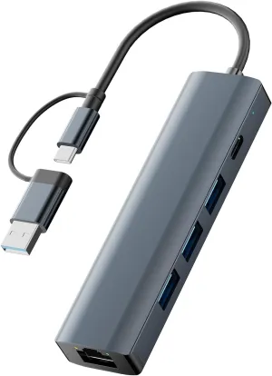 USB C Hub with 3 x USB 3.0, USB C and 1000M Gigabit Ethernet RJ45 Port, 5 in 2 USB Multiport Adapter Compatible with MacBook/Pad Pro/Dell/HP Laptop/Phones