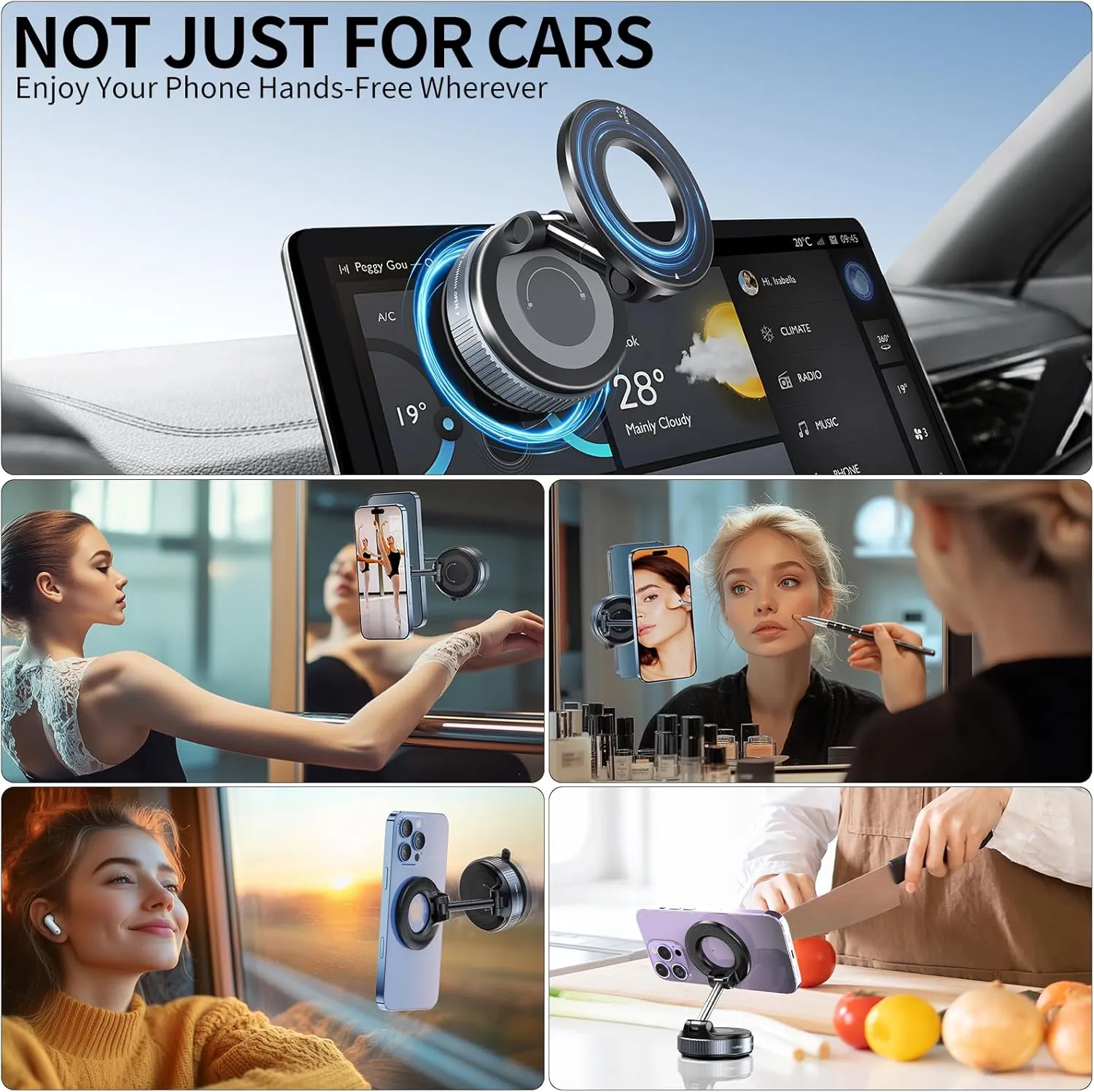 Vacuum Suction Magnetic Phone Holder, 2025 Upgraded Vacuum Suction Cup Mount for Magsafe, 360 Adjustable Foldable Portable Magnetic Car Phone Stand for Cars/Gyms/Mirrors/Smooth Surface (Black)