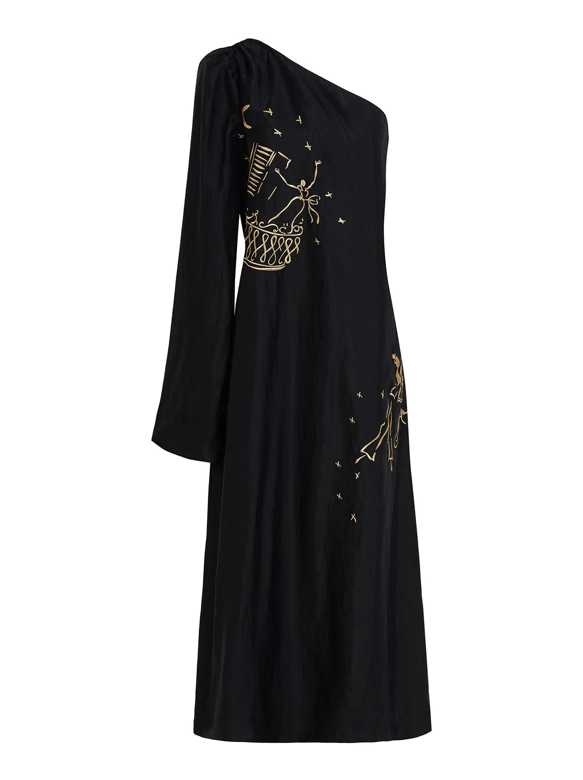 Vavara Black Opera Embroidered One Shoulder Maxi Dress