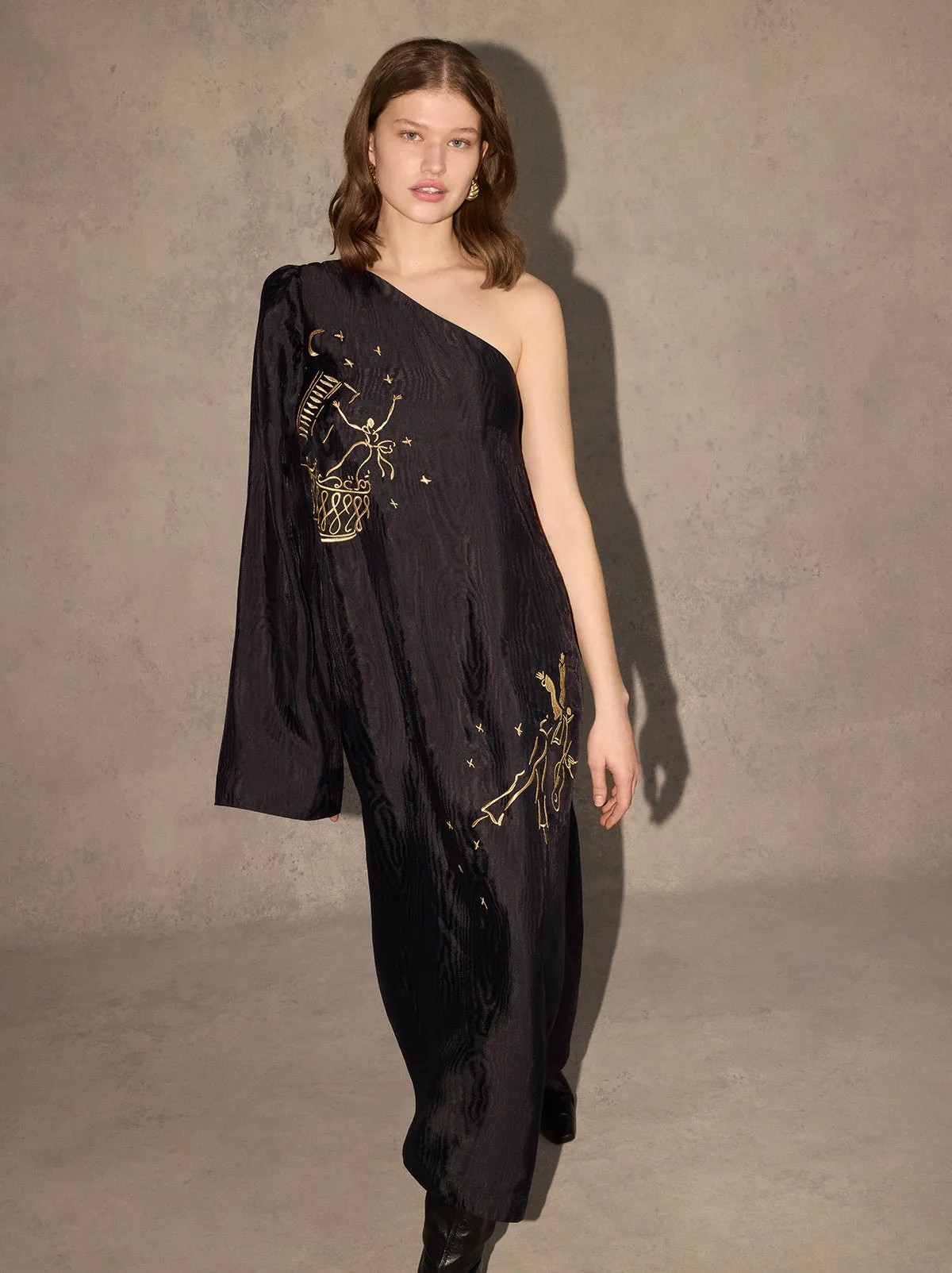Vavara Black Opera Embroidered One Shoulder Maxi Dress