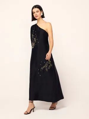 Vavara Black Opera Embroidered One Shoulder Maxi Dress