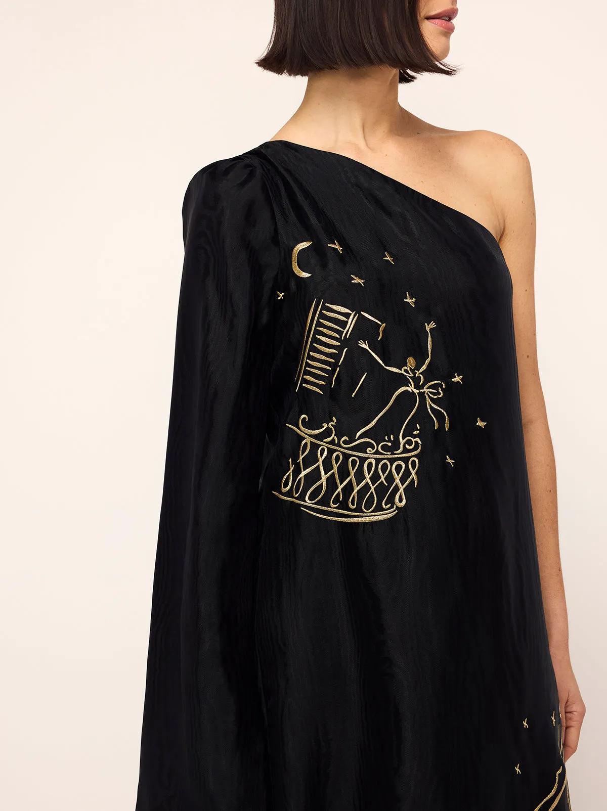 Vavara Black Opera Embroidered One Shoulder Maxi Dress