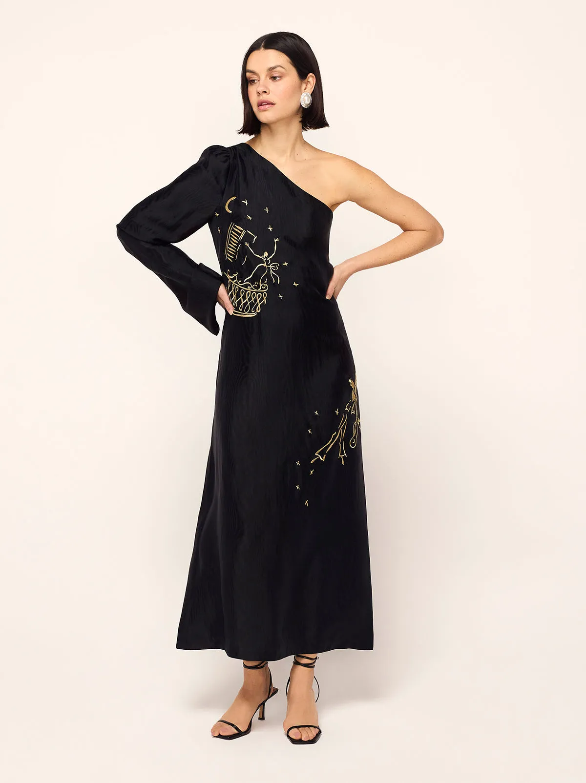 Vavara Black Opera Embroidered One Shoulder Maxi Dress