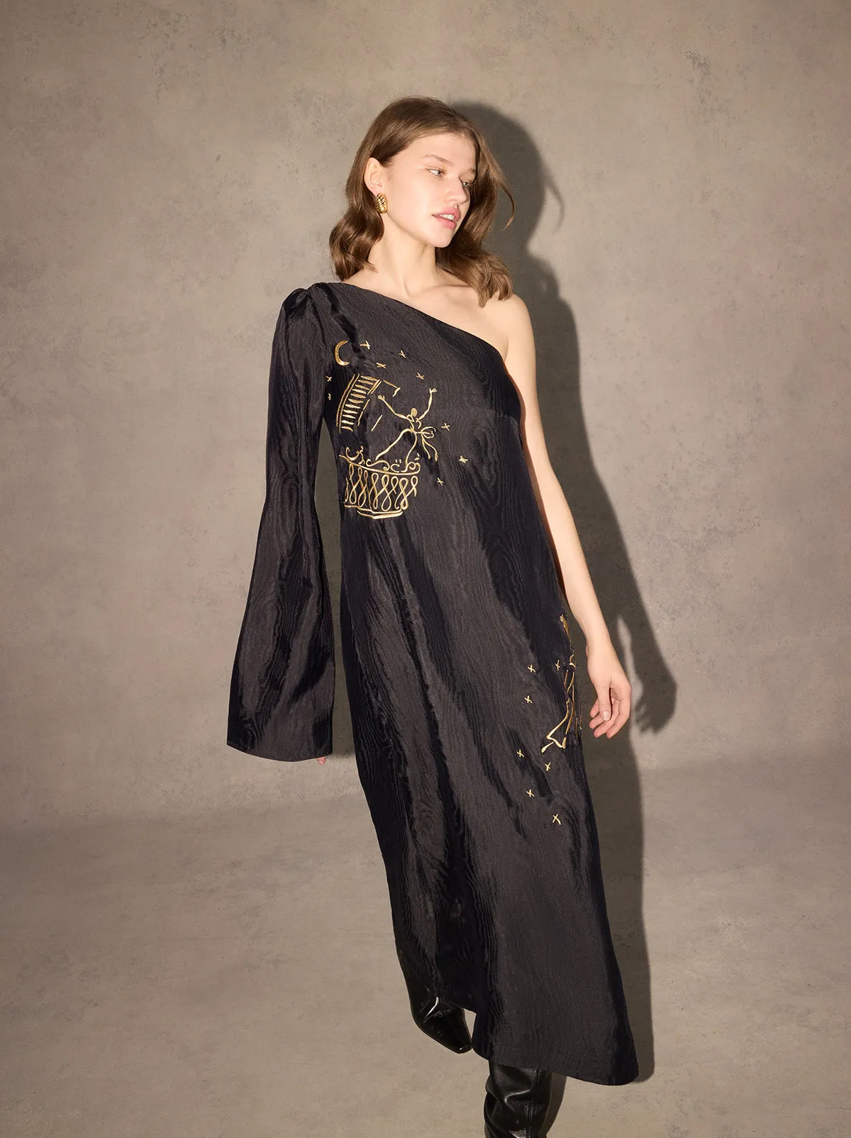 Vavara Black Opera Embroidered One Shoulder Maxi Dress