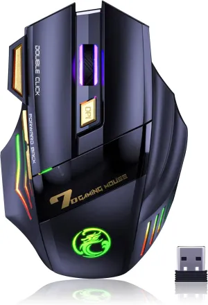 VEGCOO Wireless Gaming Mouse, Rechargeable Silent Wireless Mouse with 4800 DPI Adjustable,Double Click Key, Colorful RGB Lights, Computer Mice with Thumb Rest for PC/Mac Gamer (C26 Black)