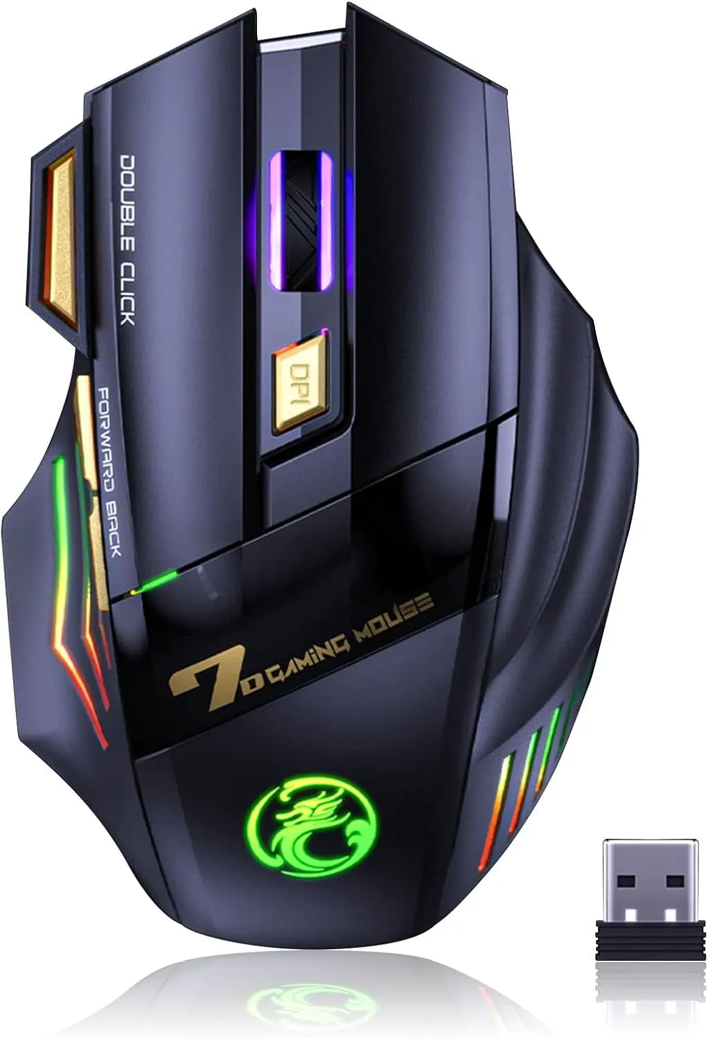 VEGCOO Wireless Gaming Mouse, Rechargeable Silent Wireless Mouse with 4800 DPI Adjustable,Double Click Key, Colorful RGB Lights, Computer Mice with Thumb Rest for PC/Mac Gamer (C26 Black)