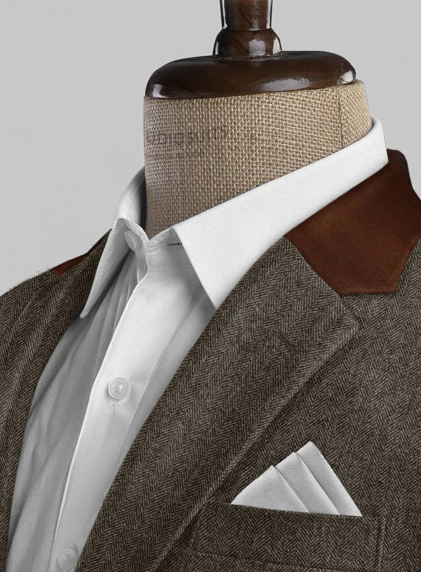 Vintage Dark Brown Herringbone Tweed Jacket - Leather Trims
