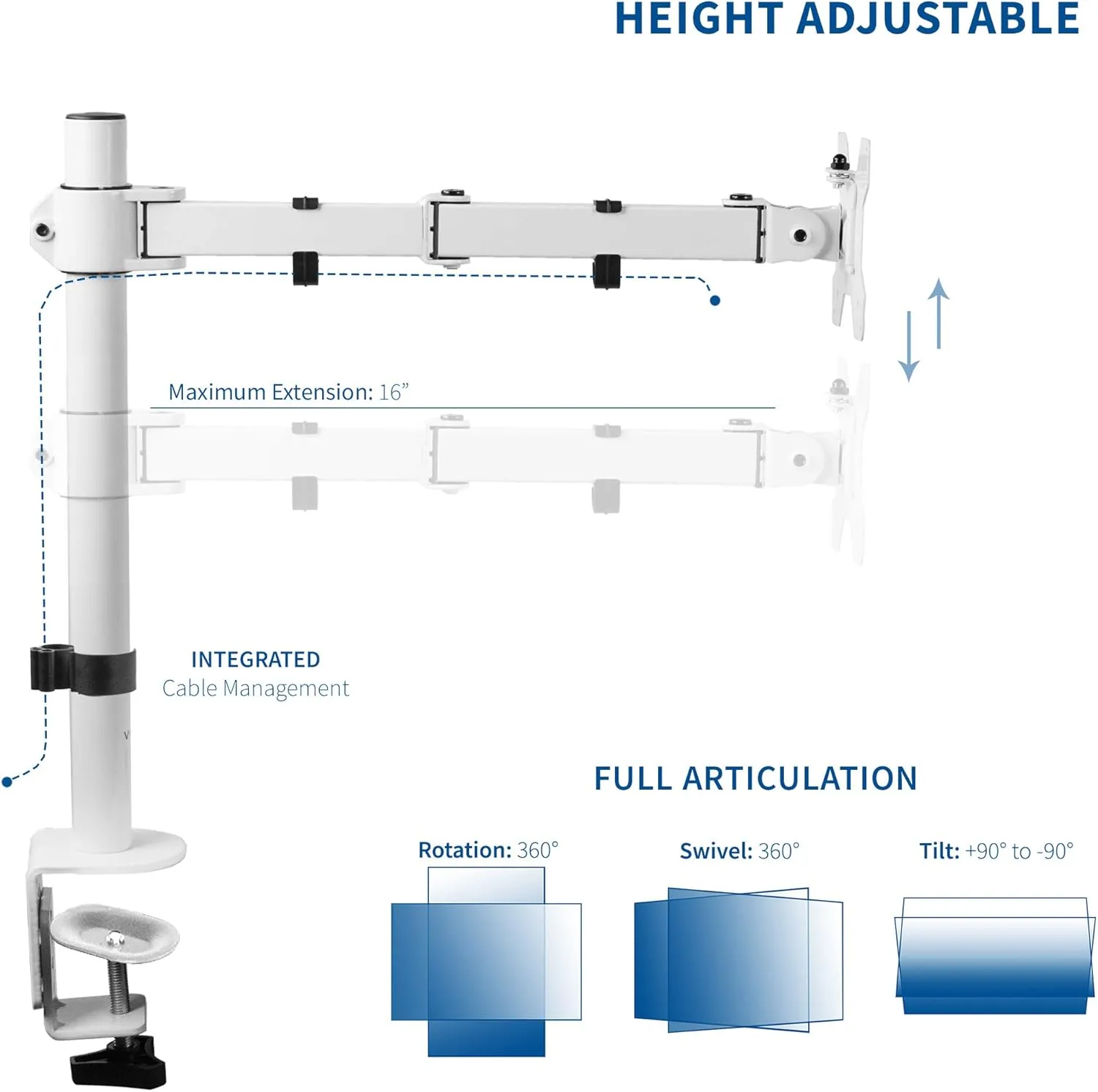VIVO Single Monitor Arm Desk Mount, Holds Screens up to 32 inch Regular and 38 inch Ultrawide, Fully Adjustable Stand with C-Clamp and Grommet Base, VESA 75x75mm or 100x100mm, White, STAND-V001W