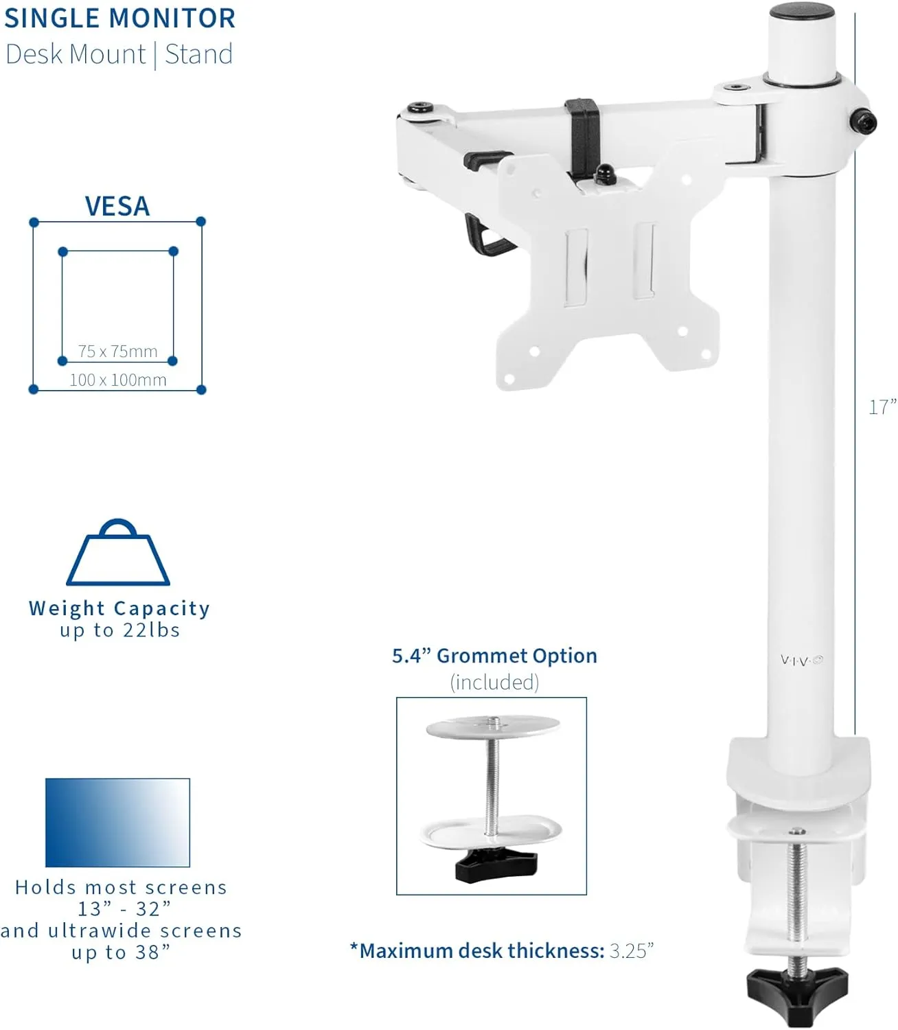 VIVO Single Monitor Arm Desk Mount, Holds Screens up to 32 inch Regular and 38 inch Ultrawide, Fully Adjustable Stand with C-Clamp and Grommet Base, VESA 75x75mm or 100x100mm, White, STAND-V001W