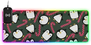 VKPSCHJ Mouse Pad with Wireless Charger 15W Extra Large for Gaming,Christmas Candy Cane Penguin PC,Laptop,Desk, Cute RGB Glowing Computer Keyboard Mats Pads Non-Slip for Home & Office