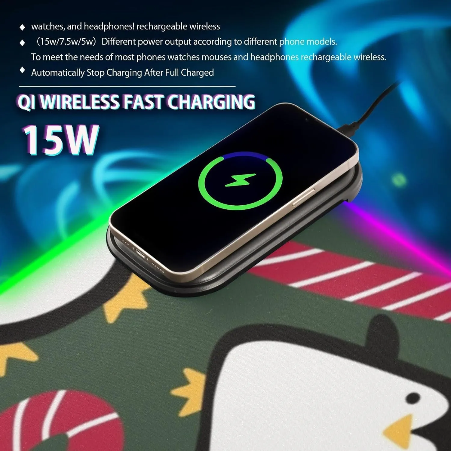 VKPSCHJ Mouse Pad with Wireless Charger 15W Extra Large for Gaming,Christmas Candy Cane Penguin PC,Laptop,Desk, Cute RGB Glowing Computer Keyboard Mats Pads Non-Slip for Home & Office