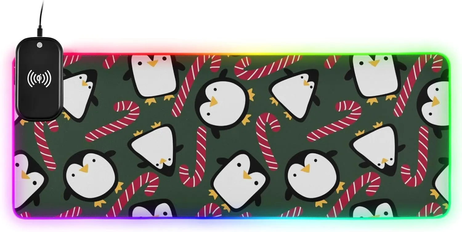 VKPSCHJ Mouse Pad with Wireless Charger 15W Extra Large for Gaming,Christmas Candy Cane Penguin PC,Laptop,Desk, Cute RGB Glowing Computer Keyboard Mats Pads Non-Slip for Home & Office
