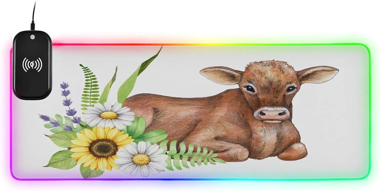 VKPSCHJ Mouse Pad with Wireless Charger 15W Large for Gaming,Small Cute Calf PC,Laptop,Desk, Flower Summer RGB Glowing Computer Keyboard Mats Pads Non-Slip for Home & Office
