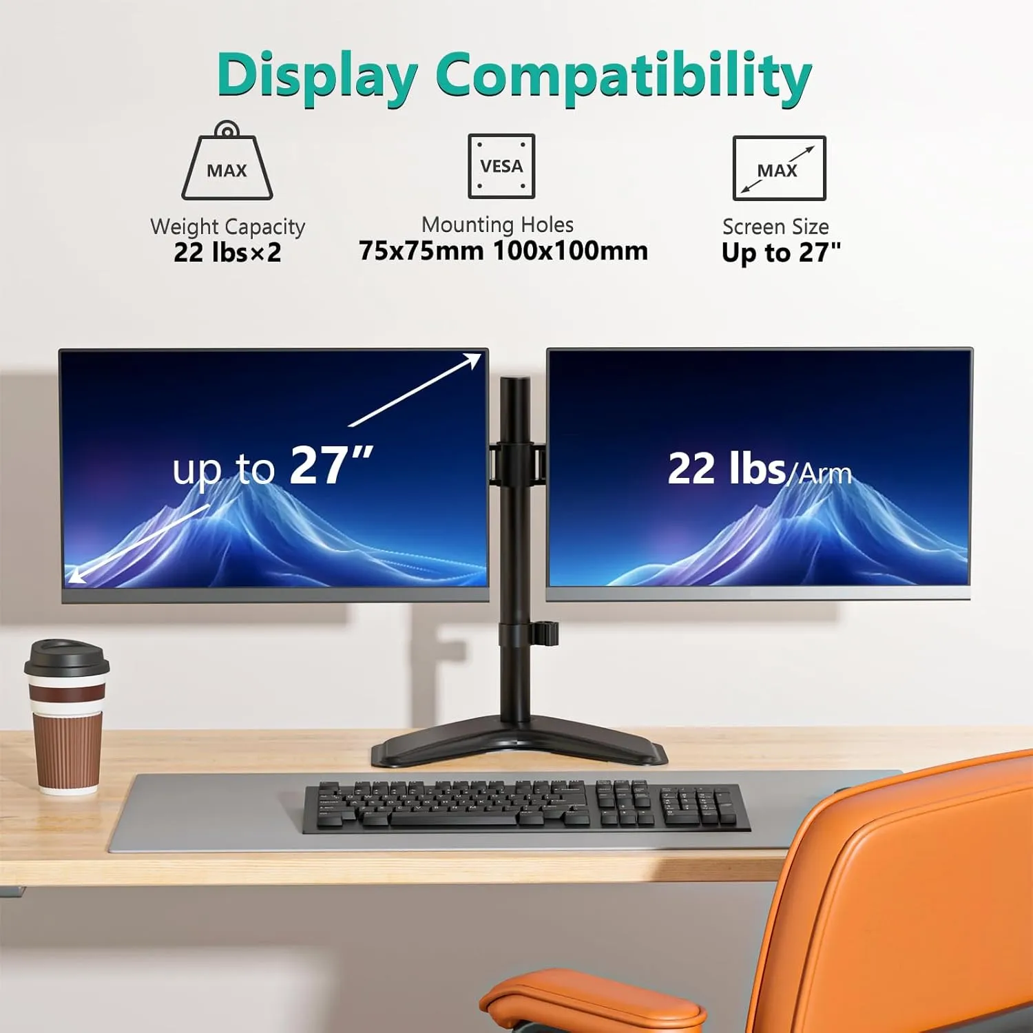 WALI Dual Monitor Stand for Desk, Monitor Stands for 2 Monitors up to 27 inch, Dual Monitors Mount Fits up to 22lbs, Free Standing Full Motion Dual Monitor Arm for Desk (MF002), Black