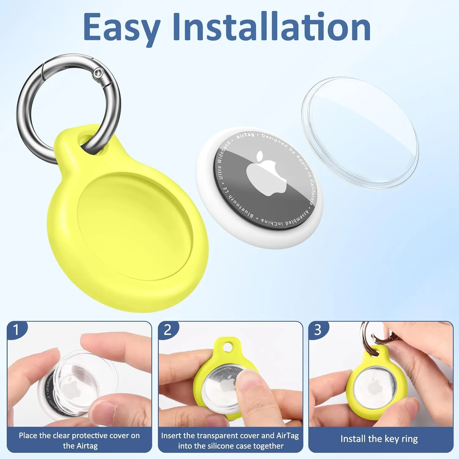 Waterproof Airtag Holder with Apple Airtag Keychain 4 Pack, Hard PC AirTag Case, Anti-Scratch Airtag Case for GPS Item Finder Tracker,Luggage,Pet Collar,Key Ring (Red/Orange/Yellow/Pink)