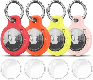 Waterproof Airtag Holder with Apple Airtag Keychain 4 Pack, Hard PC AirTag Case, Anti-Scratch Airtag Case for GPS Item Finder Tracker,Luggage,Pet Collar,Key Ring (Red/Orange/Yellow/Pink)