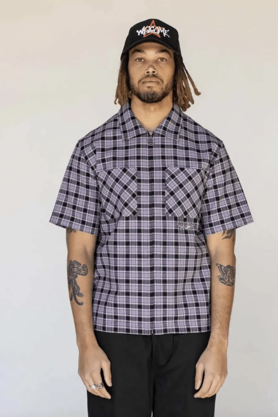 WELCOME SKATEBOARDS CELL WOVEN PLAID ZIP SHIRT - LAVENDER GREY