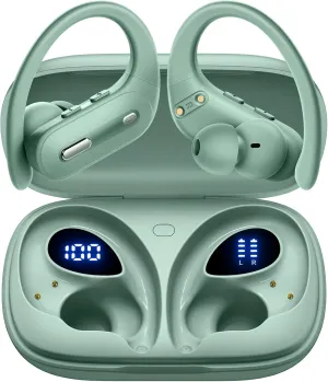 Wireless Earbuds Bluetooth 5.3 Headphones 90 Hrs Playtime Earbuds with Wireless Charging Case Power Display Over-Ear Earphones with Earhooks Waterproof Stereo Headset for Android (Mint Green)