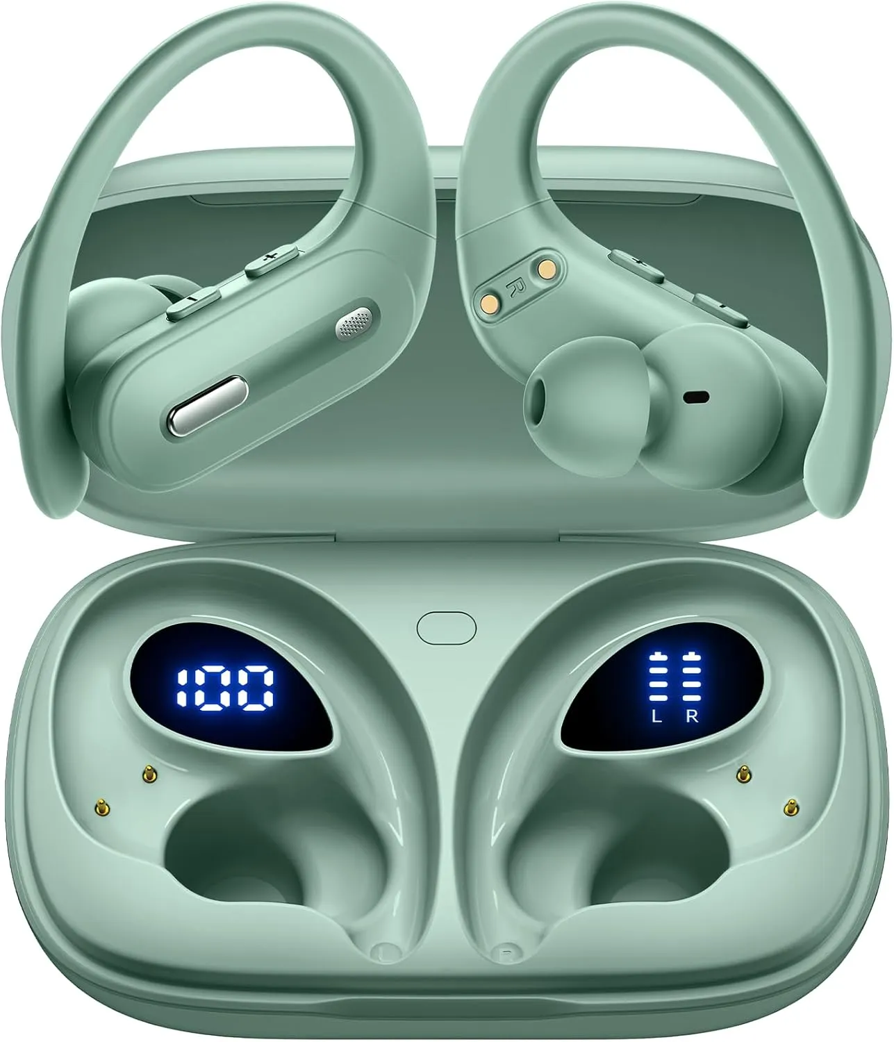 Wireless Earbuds Bluetooth 5.3 Headphones 90 Hrs Playtime Earbuds with Wireless Charging Case Power Display Over-Ear Earphones with Earhooks Waterproof Stereo Headset for Android (Mint Green)