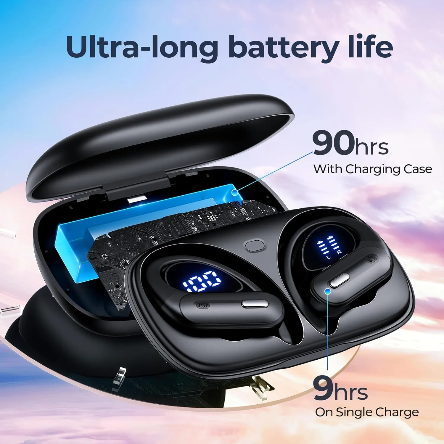 Wireless Earbuds Bluetooth 5.3 Headphones 90 Hrs Playtime Earbuds with Wireless Charging Case Power Display Over-Ear Earphones with Earhooks Waterproof Stereo Headset for Android Phone Workout Black
