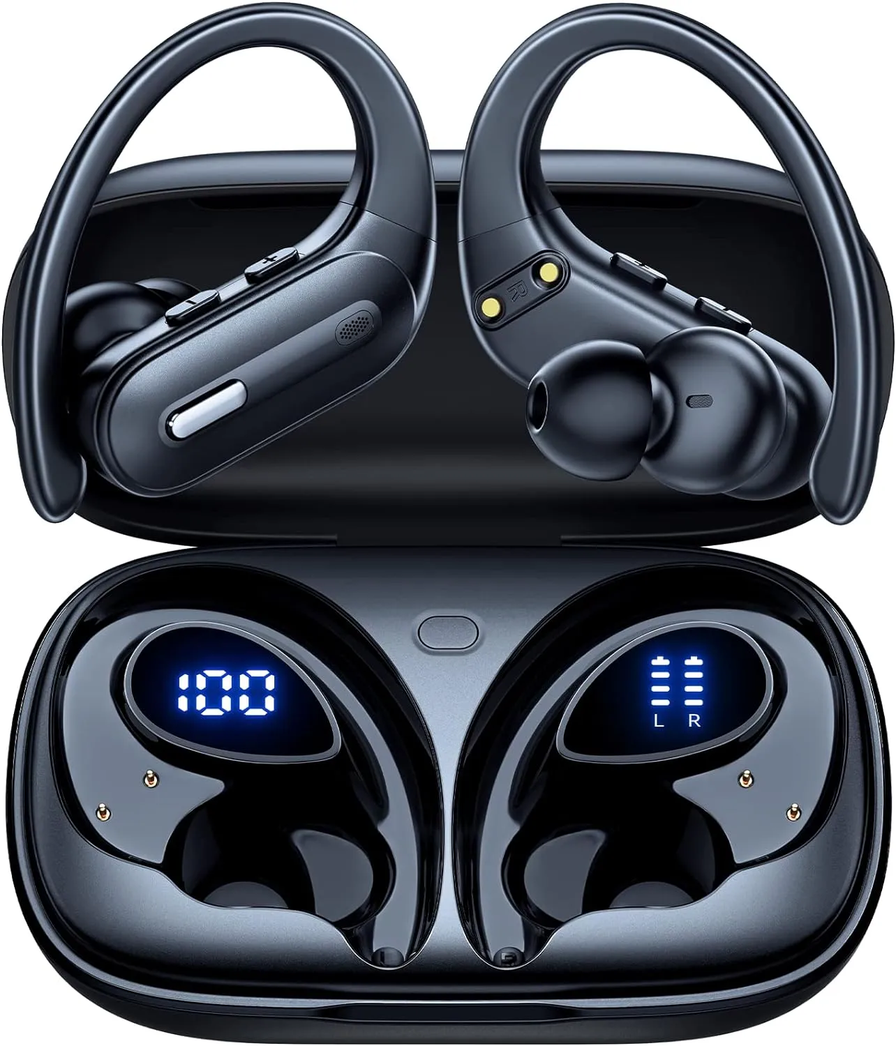 Wireless Earbuds Bluetooth 5.3 Headphones 90 Hrs Playtime Earbuds with Wireless Charging Case Power Display Over-Ear Earphones with Earhooks Waterproof Stereo Headset for Android Phone Workout Black