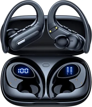 Wireless Earbuds Bluetooth 5.3 Headphones 90 Hrs Playtime Earbuds with Wireless Charging Case Power Display Over-Ear Earphones with Earhooks Waterproof Stereo Headset for Android Phone Workout Black