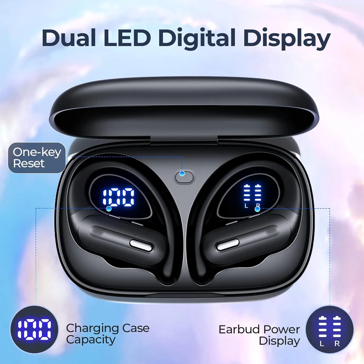 Wireless Earbuds Bluetooth 5.3 Headphones 90 Hrs Playtime Earbuds with Wireless Charging Case Power Display Over-Ear Earphones with Earhooks Waterproof Stereo Headset for Android Phone Workout Black