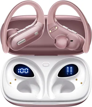 Wireless Earbuds Bluetooth 5.3 Headphones 90 Hrs Playtime Earbuds with Wireless Charging Case Power Display Over-Ear Earphones with Earhooks Waterproof Stereo Headset for Android Phone Workout Pink