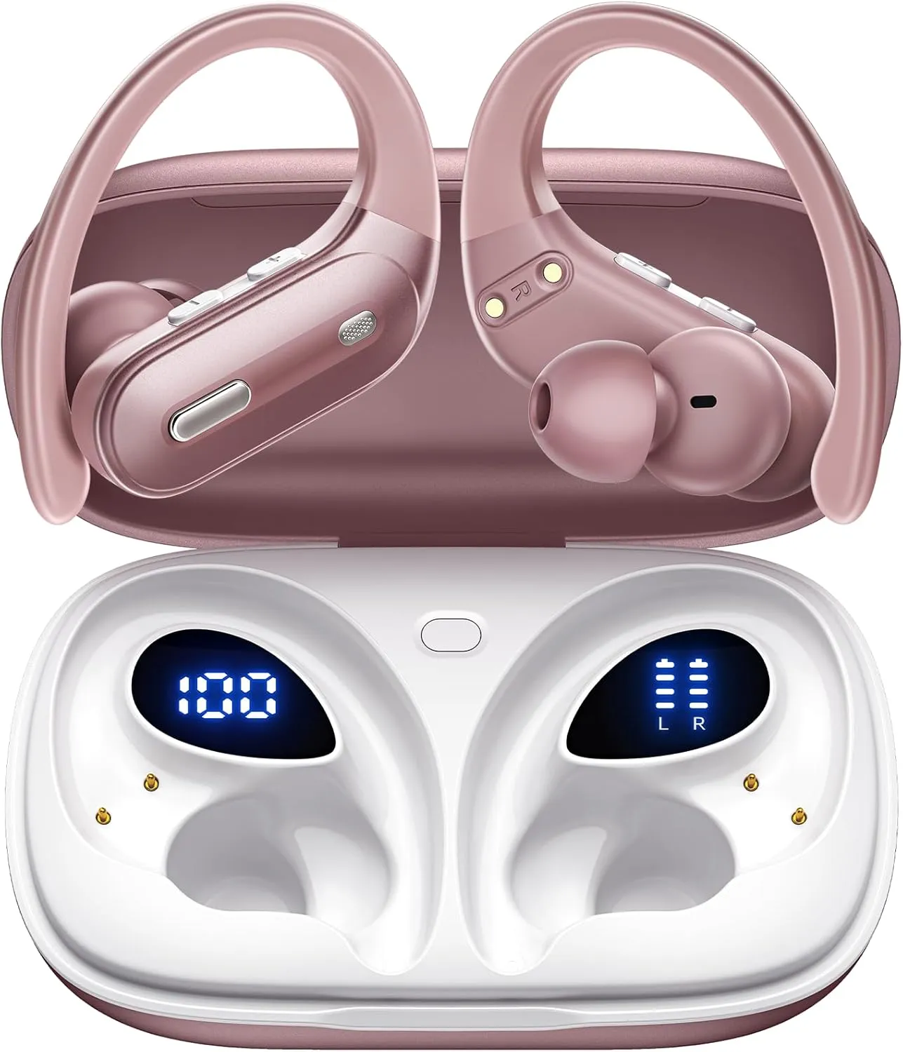 Wireless Earbuds Bluetooth 5.3 Headphones 90 Hrs Playtime Earbuds with Wireless Charging Case Power Display Over-Ear Earphones with Earhooks Waterproof Stereo Headset for Android Phone Workout Pink