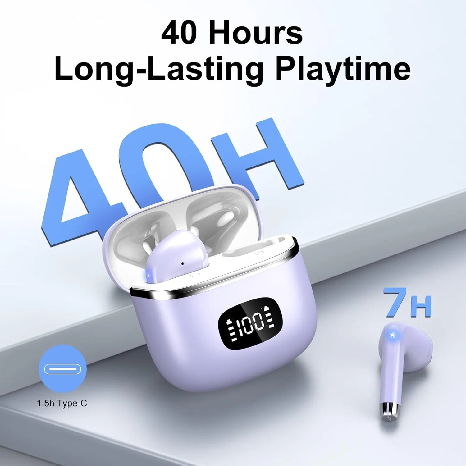 Wireless Earbuds Bluetooth, Headphones Bluetooth 5.3 with HiFi Stereo Deep Bass, Ear Buds Noise Cancelling with ENC Mic, LED Display, 40H Playtime Earphones for Computer Laptop Pad Phone, Dark Purple