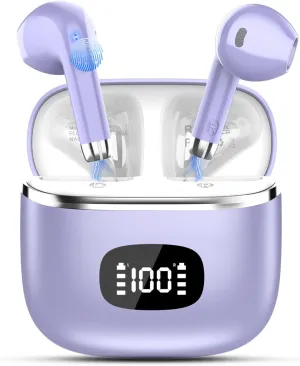 Wireless Earbuds Bluetooth, Headphones Bluetooth 5.3 with HiFi Stereo Deep Bass, Ear Buds Noise Cancelling with ENC Mic, LED Display, 40H Playtime Earphones for Computer Laptop Pad Phone, Dark Purple