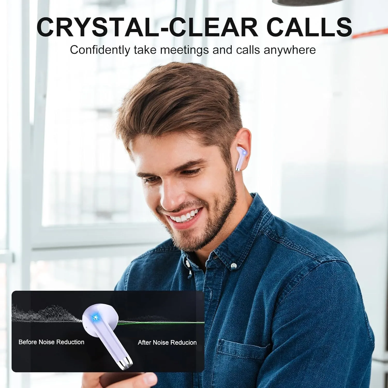 Wireless Earbuds Bluetooth, Headphones Bluetooth 5.3 with HiFi Stereo Deep Bass, Ear Buds Noise Cancelling with ENC Mic, LED Display, 40H Playtime Earphones for Computer Laptop Pad Phone, Dark Purple