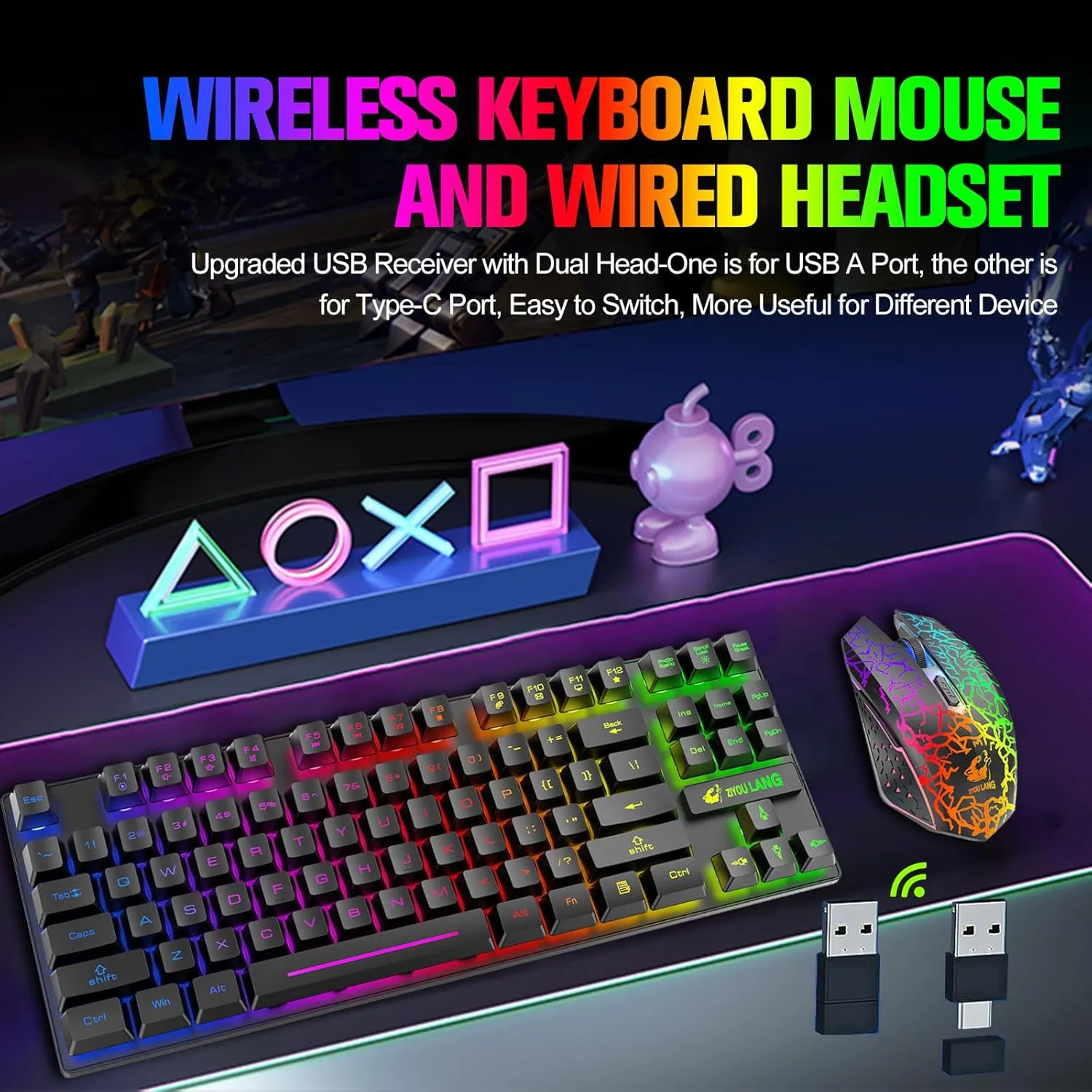 Wireless Gaming Keyboard and Mouse Combo with 87 Key Tenkeyless Rainbow LED Backlight Rechargeable 3800mAh Battery Anti-ghosting Ergonomic Waterproof RGB Mute Mice for Computer PC Gamer (Black)