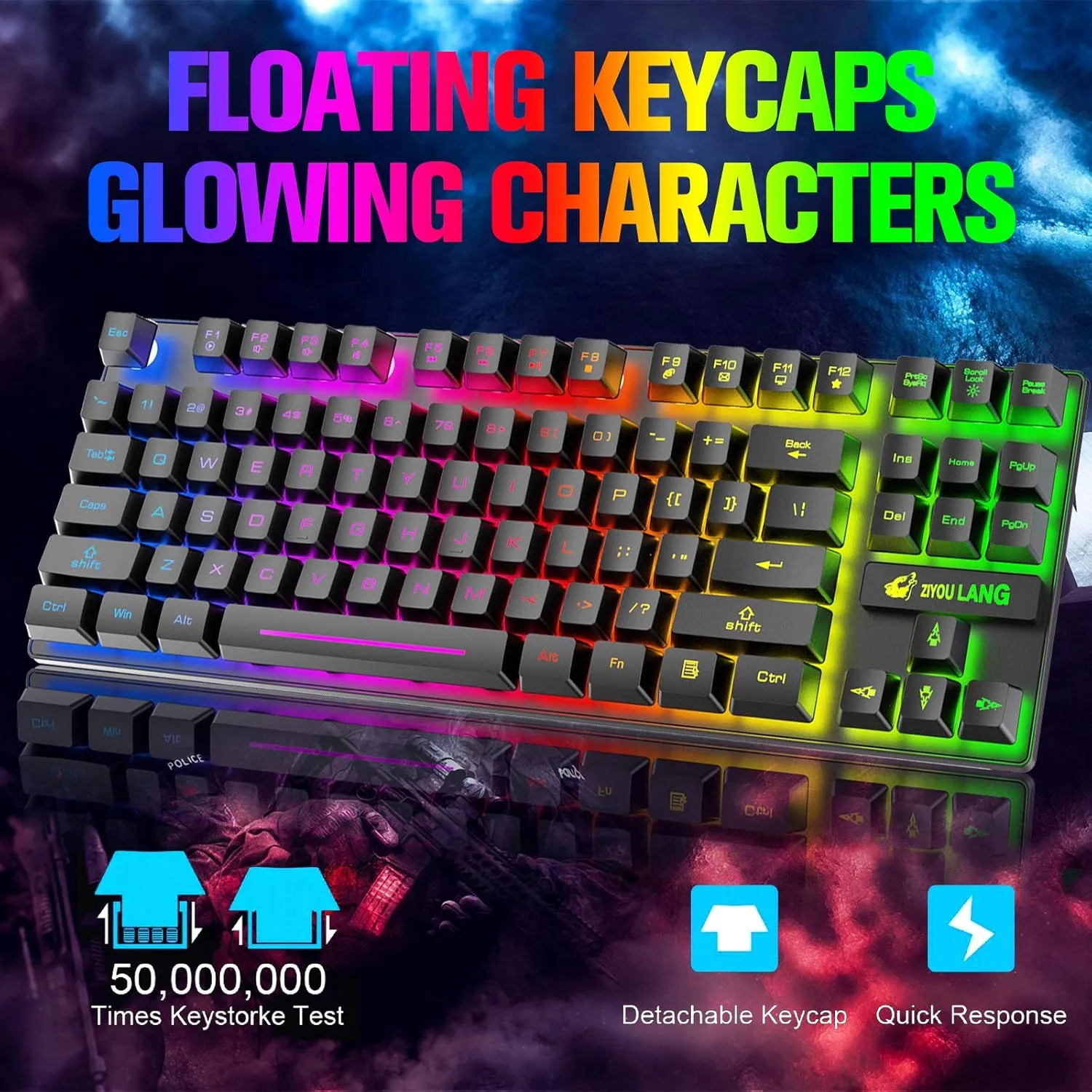 Wireless Gaming Keyboard and Mouse Combo with 87 Key Tenkeyless Rainbow LED Backlight Rechargeable 3800mAh Battery Anti-ghosting Ergonomic Waterproof RGB Mute Mice for Computer PC Gamer (Black)