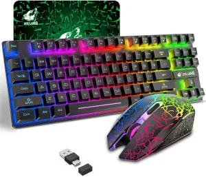 Wireless Gaming Keyboard and Mouse Combo with 87 Key Tenkeyless Rainbow LED Backlight Rechargeable 3800mAh Battery Anti-ghosting Ergonomic Waterproof RGB Mute Mice for Computer PC Gamer (Black)