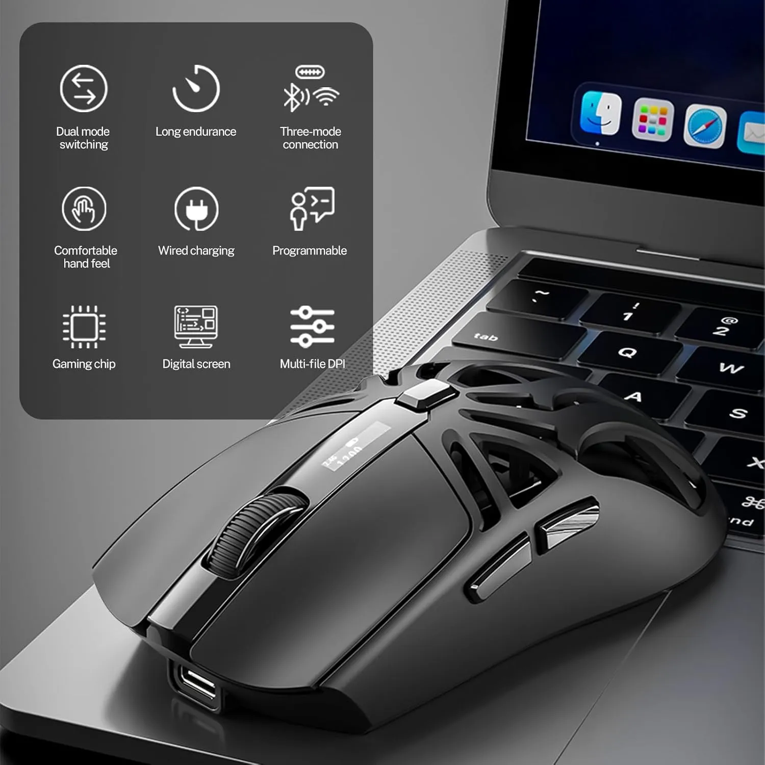 Wireless Gaming Mouse, 10000 DPI, Tri-Mode 2.4GHz/Bluetooth/Wired Mouse, 6 Buttons, Digital Display, Silent Mice, Rechargeable, Customizable Macro and RGB Backlight for PC/Mac/Laptop (Black)
