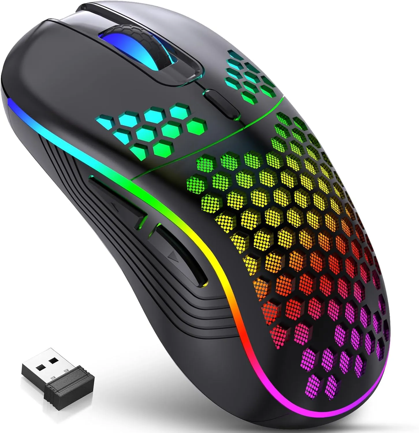 Wireless Gaming Mouse, Rechargeable Computer Mouse Ergonomic Mice Honeycomb Design with RGB Backlight, USB Receiver, 7 Buttons, Adjustable DPI, Wireless Mouse for PC/Mac/Laptop