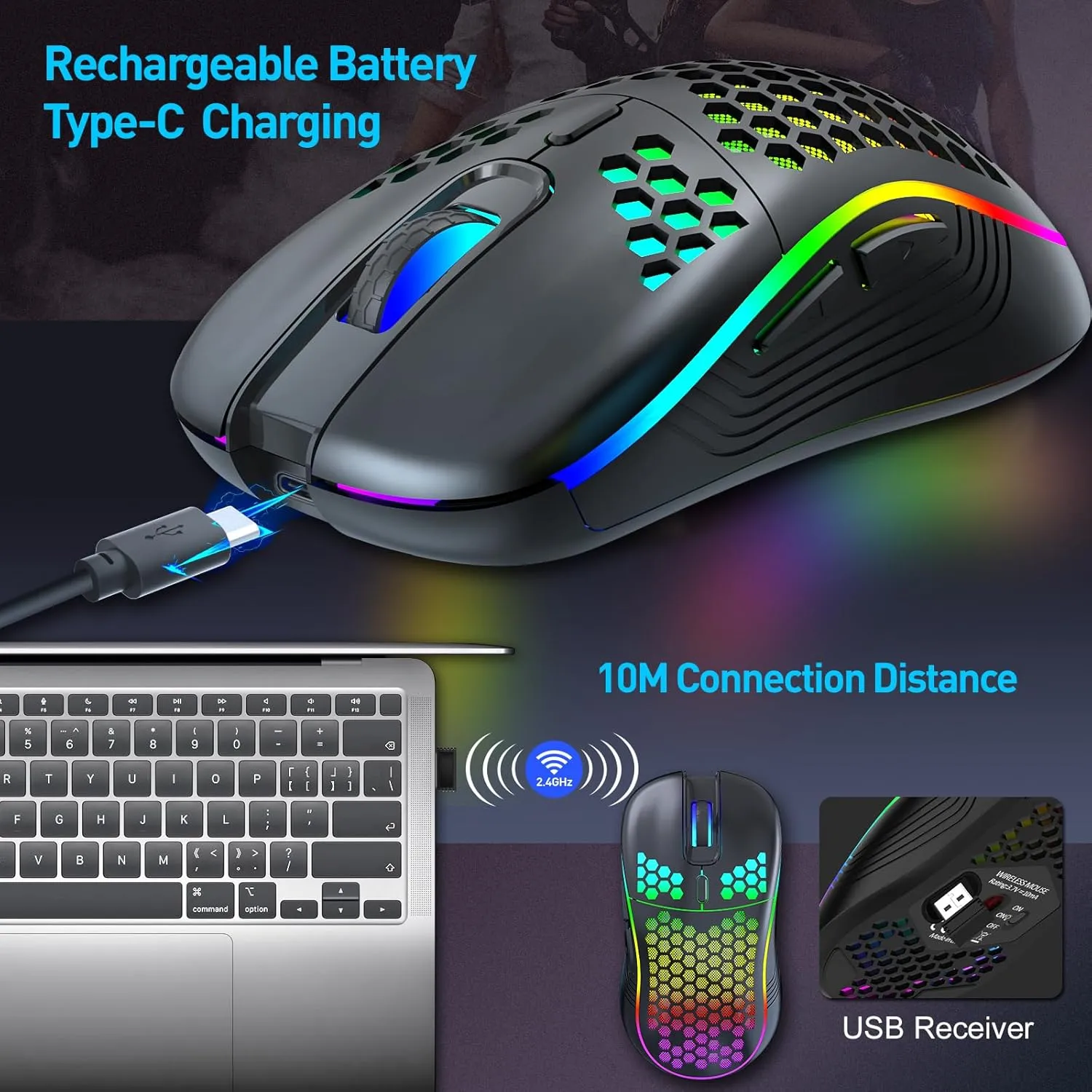 Wireless Gaming Mouse, Rechargeable Computer Mouse Ergonomic Mice Honeycomb Design with RGB Backlight, USB Receiver, 7 Buttons, Adjustable DPI, Wireless Mouse for PC/Mac/Laptop