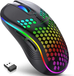 Wireless Gaming Mouse, Rechargeable Computer Mouse Ergonomic Mice Honeycomb Design with RGB Backlight, USB Receiver, 7 Buttons, Adjustable DPI, Wireless Mouse for PC/Mac/Laptop