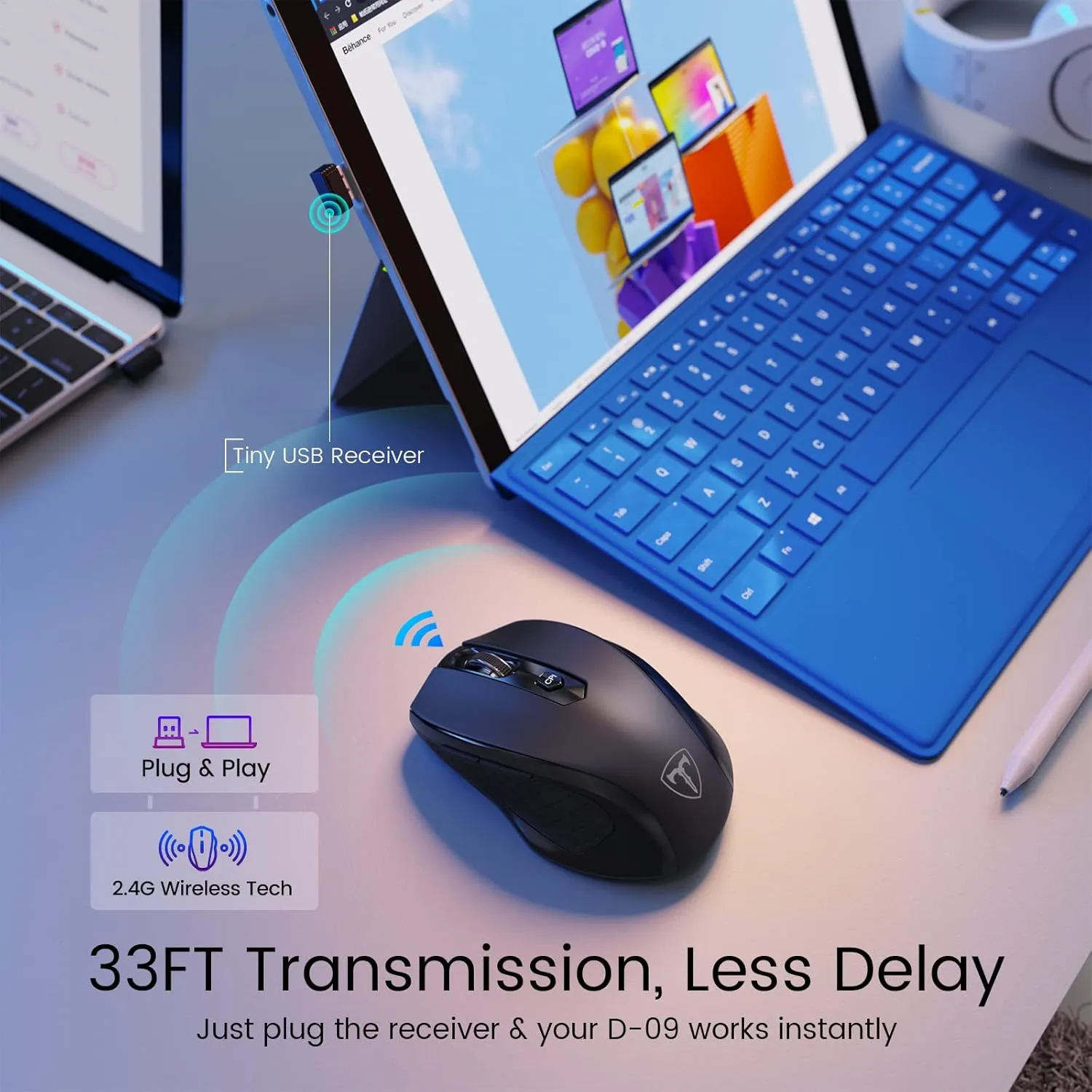 Wireless Mouse, D-09 Computer Mouse USB Cordless Mice for Laptop, Ergo Grips, Lightspeed 5-Level 2400 DPI, 16 Months Battery, Portable for PC Mac Chromebook (Black)