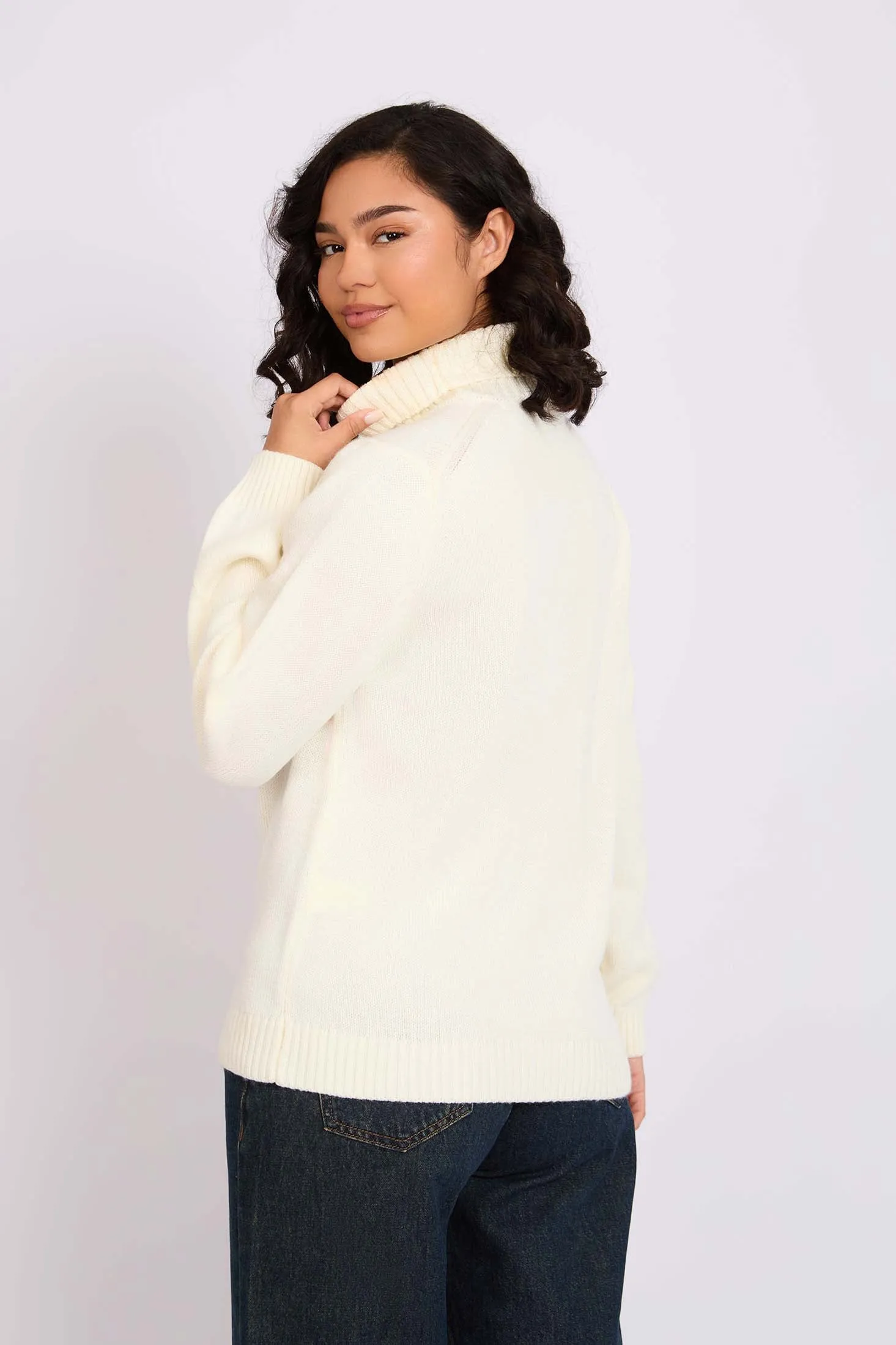 Women Pullover Loose Fit High NeckOff White